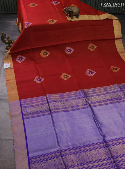 Pure raw silk saree rust and blue with silver & gold zari woven buttas and zari woven border