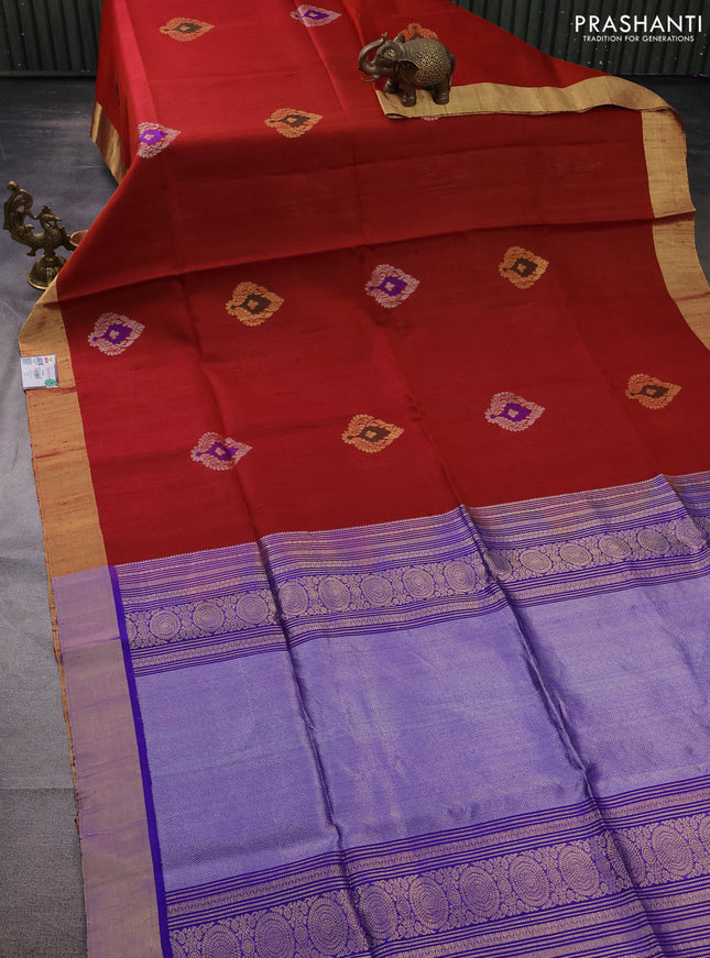 Pure raw silk saree rust and blue with silver & gold zari woven buttas and zari woven border