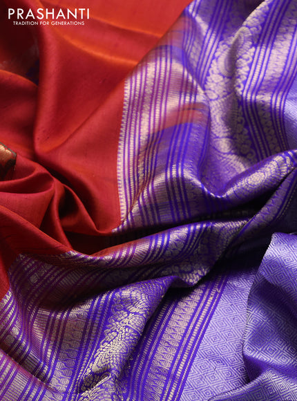 Pure raw silk saree rust and blue with silver & gold zari woven buttas and zari woven border