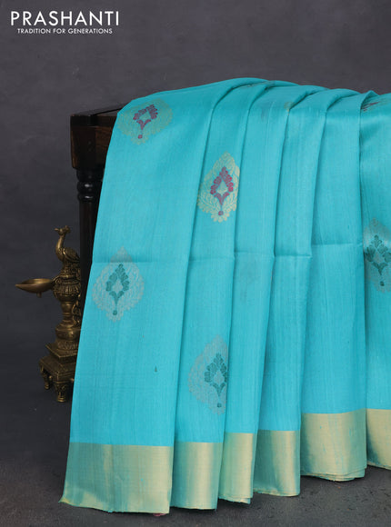 Pure raw silk saree teal blue and blue with silver & gold zari woven buttas and zari woven border