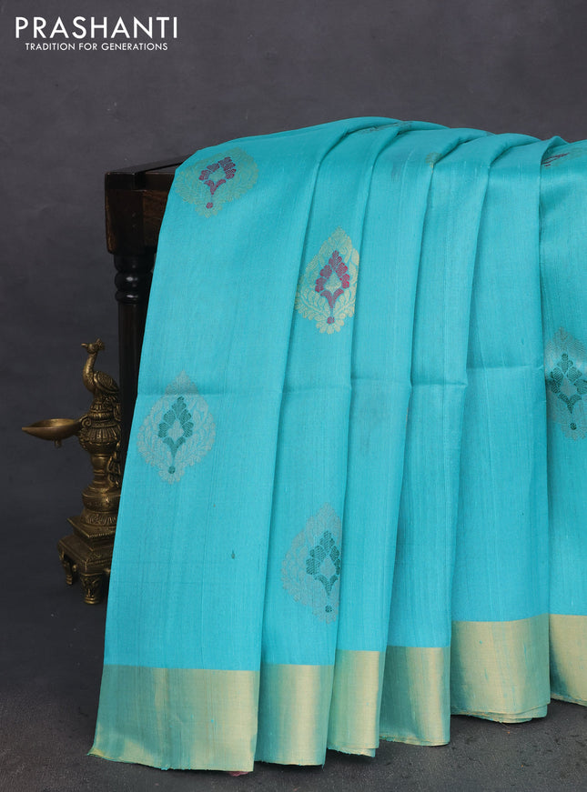 Pure raw silk saree teal blue and blue with silver & gold zari woven buttas and zari woven border