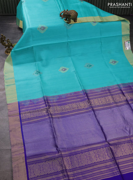 Pure raw silk saree teal blue and blue with silver & gold zari woven buttas and zari woven border