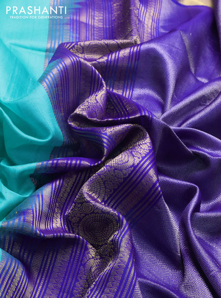 Pure raw silk saree teal blue and blue with silver & gold zari woven buttas and zari woven border