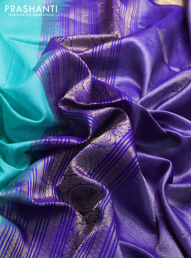 Pure raw silk saree teal blue and blue with silver & gold zari woven buttas and zari woven border
