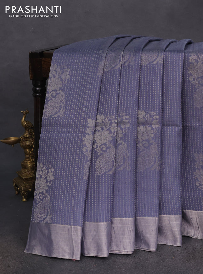 Pure raw silk saree pink and grey with allover silver zari brocade weaves and silver zari woven border