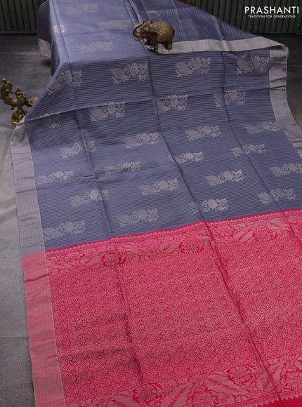 Pure raw silk saree pink and grey with allover silver zari brocade weaves and silver zari woven border