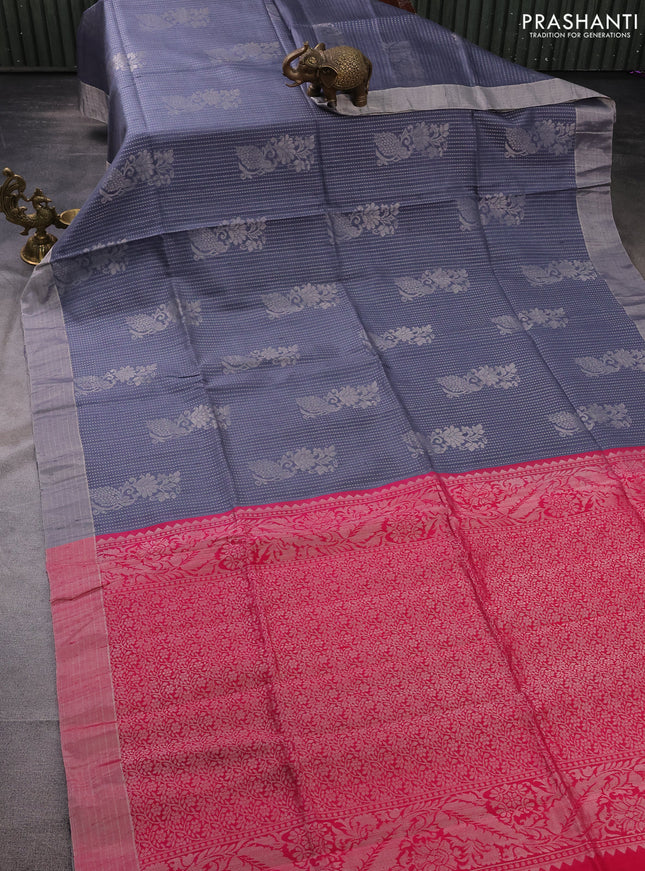 Pure raw silk saree pink and grey with allover silver zari brocade weaves and silver zari woven border
