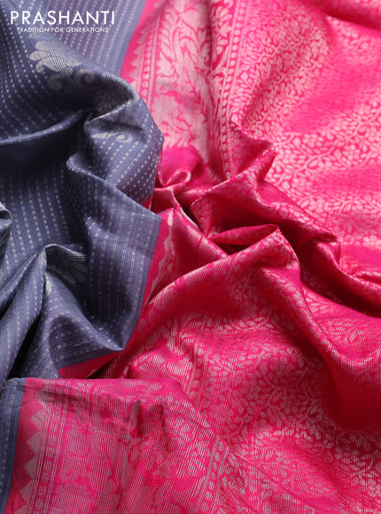 Pure raw silk saree pink and grey with allover silver zari brocade weaves and silver zari woven border