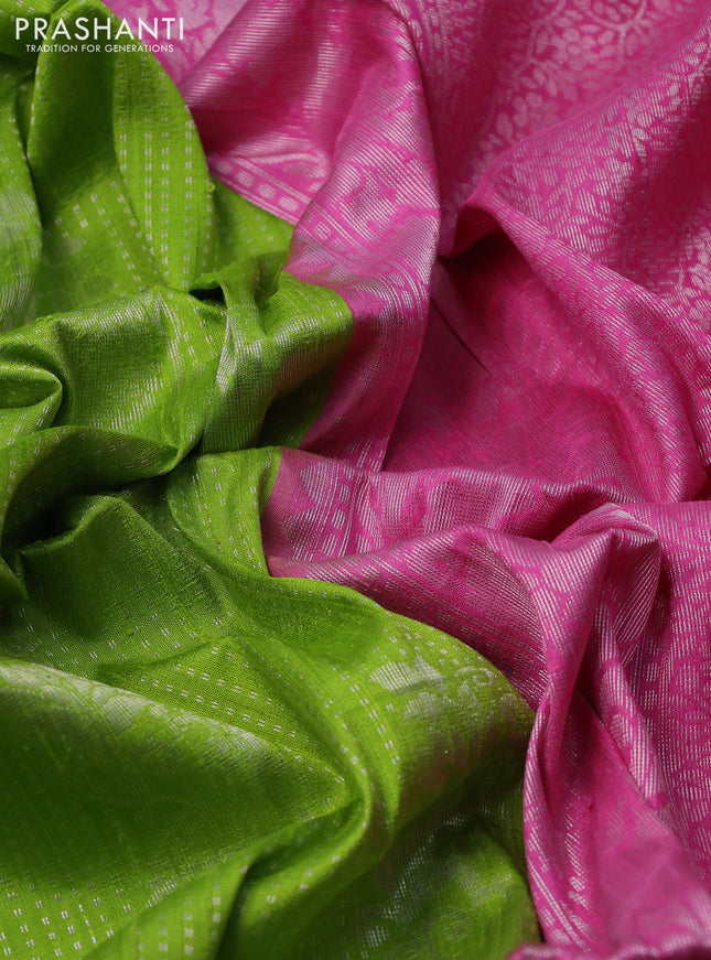Pure raw silk saree light green and pink with allover silver zari weaves and zari woven border