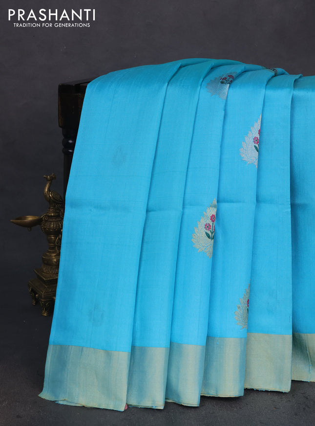 Pure raw silk saree light blue and pink with silver & gold zari woven buttas and zari woven border