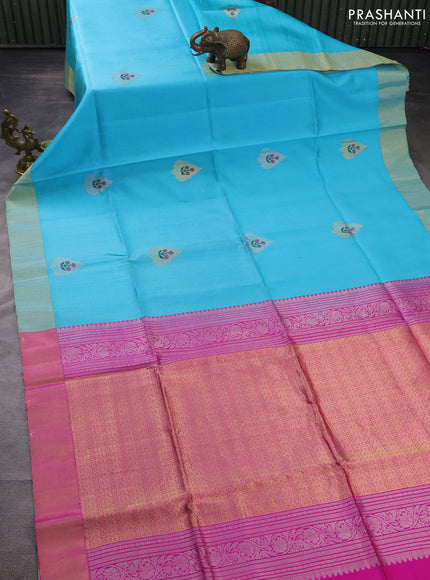 Pure raw silk saree light blue and pink with silver & gold zari woven buttas and zari woven border