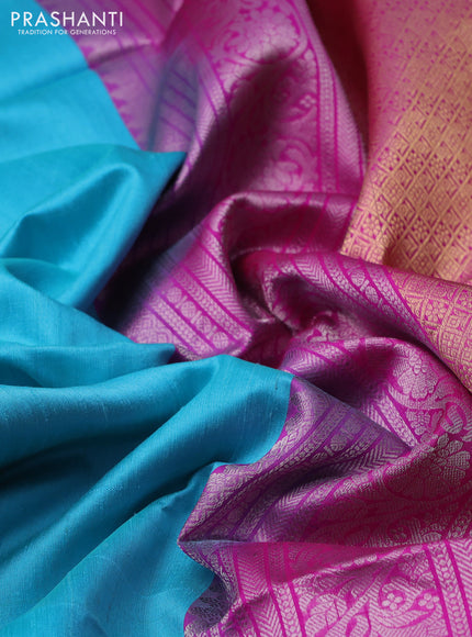 Pure raw silk saree light blue and pink with silver & gold zari woven buttas and zari woven border