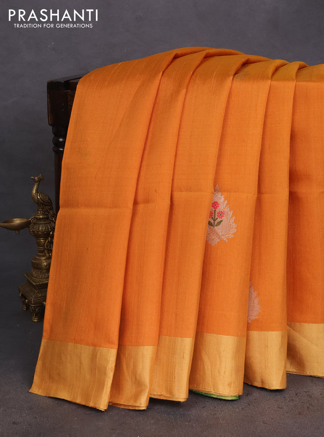 Pure raw silk saree mustard yellow and green with silver & gold zari woven buttas and zari woven border