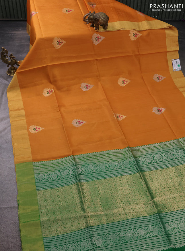 Pure raw silk saree mustard yellow and green with silver & gold zari woven buttas and zari woven border