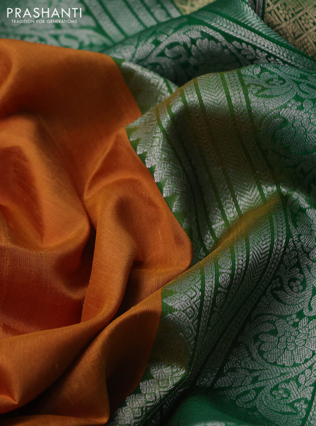 Pure raw silk saree mustard yellow and green with silver & gold zari woven buttas and zari woven border