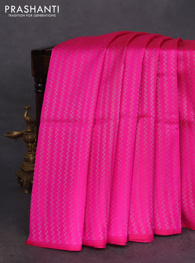 Pure raw silk saree pink and teal blue with silver zari zig zag weaves in borderless style