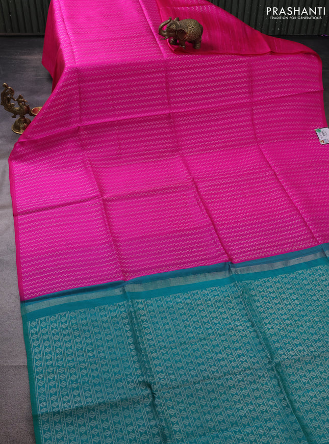 Pure raw silk saree pink and teal blue with silver zari zig zag weaves in borderless style