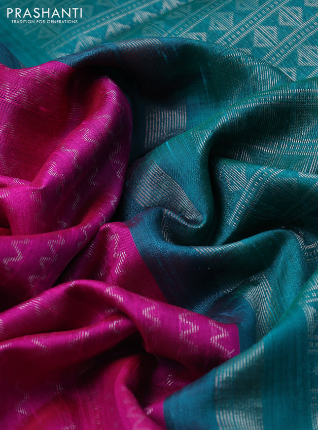 Pure raw silk saree pink and teal blue with silver zari zig zag weaves in borderless style