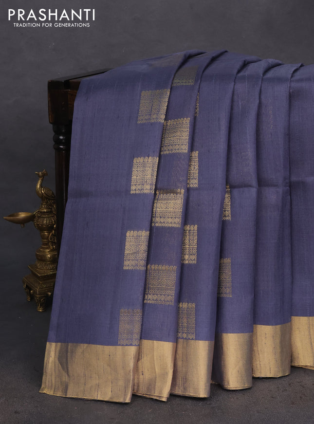 Pure raw silk saree grey and yellow with zari woven box type buttas and paithani zari woven pallu