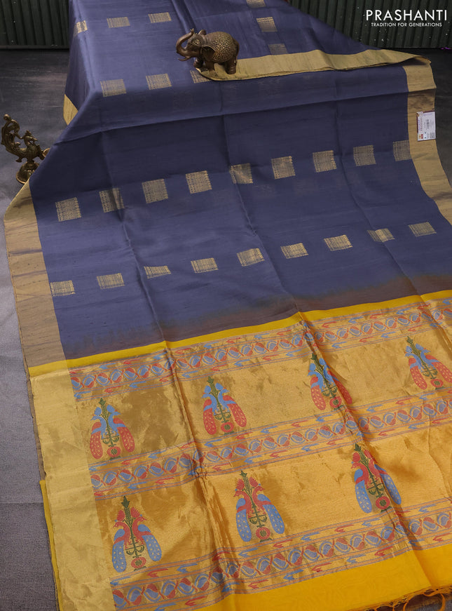 Pure raw silk saree grey and yellow with zari woven box type buttas and paithani zari woven pallu
