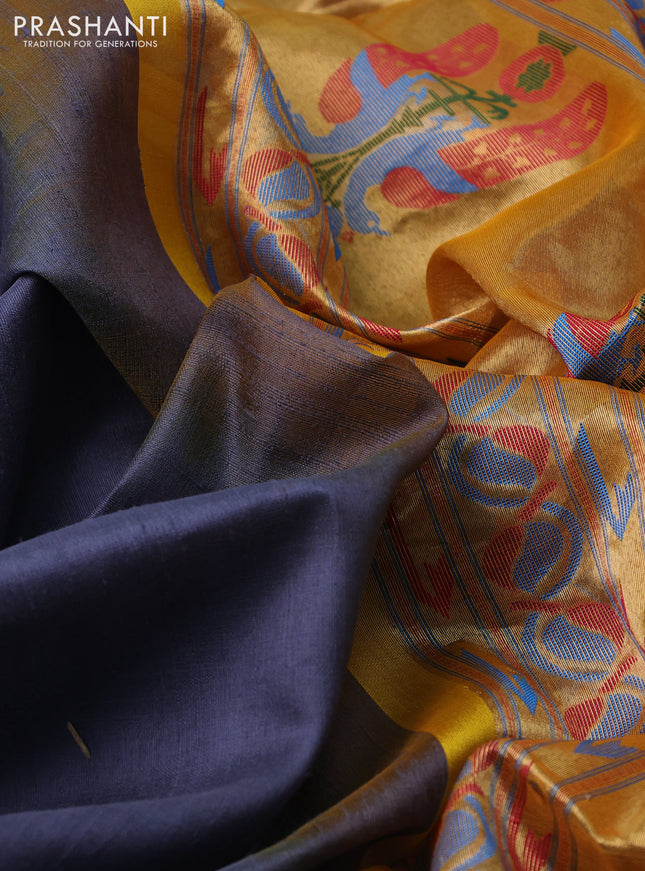 Pure raw silk saree grey and yellow with zari woven box type buttas and paithani zari woven pallu