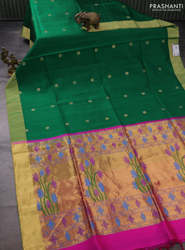 Pure raw silk saree green and pink with zari woven buttas and paithani zari woven pallu