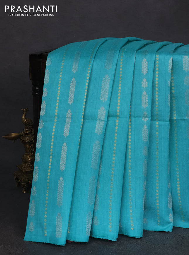 Pure raw silk saree teal blue and pink with allover silver & gold zari weaves in borderless style