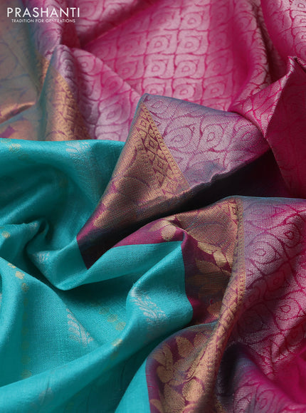 Pure raw silk saree teal blue and pink with allover silver & gold zari weaves in borderless style
