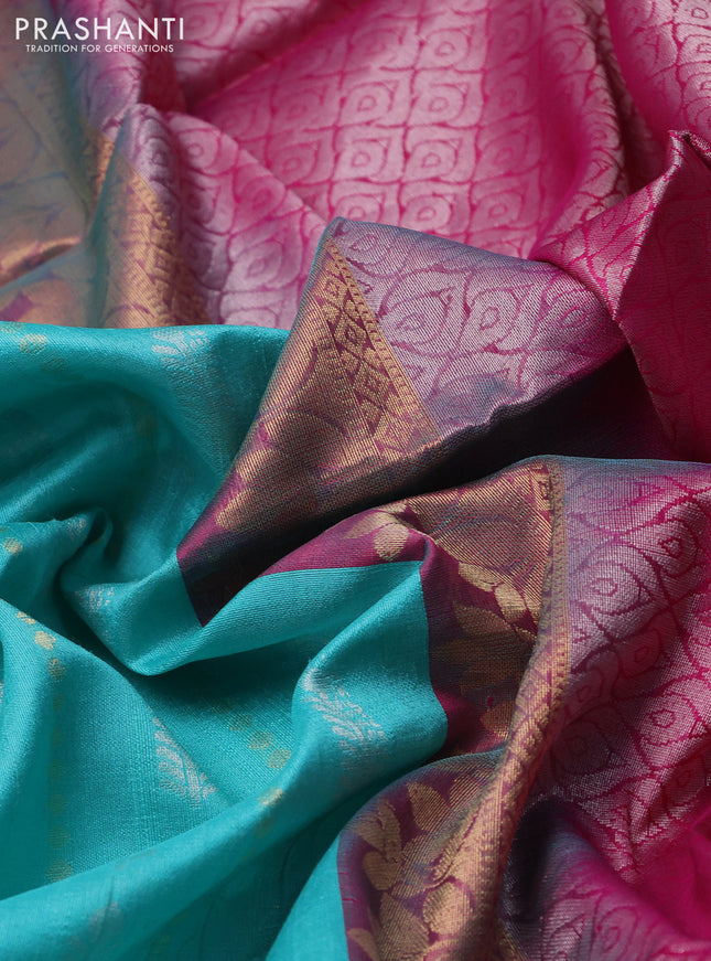 Pure raw silk saree teal blue and pink with allover silver & gold zari weaves in borderless style