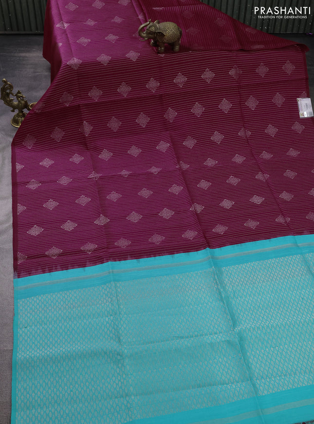 Pure raw silk saree dark magenta pink and teal blue with allover silver zari weaves & Buttas in borderless style