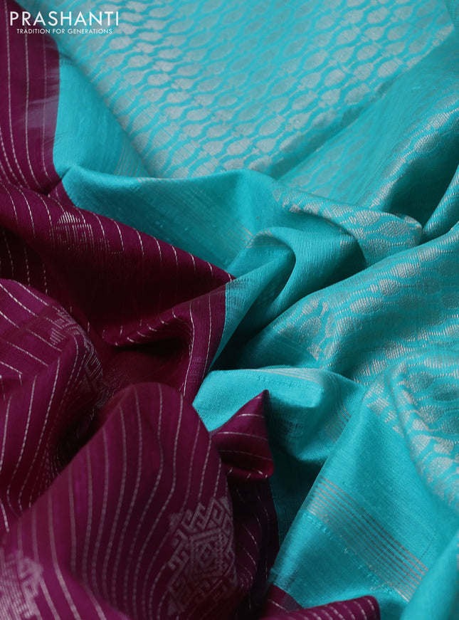 Pure raw silk saree dark magenta pink and teal blue with allover silver zari weaves & Buttas in borderless style