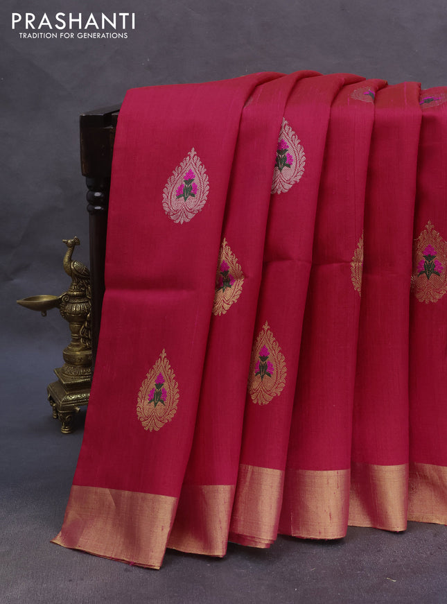 Pure raw silk saree reddish pink and teal blue with silver & gold zari woven buttas and zari woven border