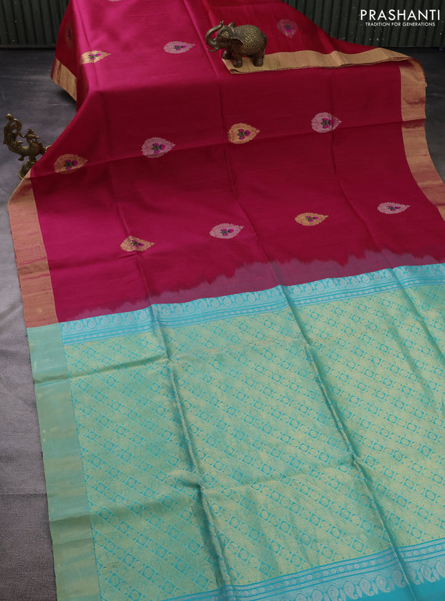 Pure raw silk saree reddish pink and teal blue with silver & gold zari woven buttas and zari woven border