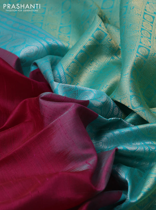 Pure raw silk saree reddish pink and teal blue with silver & gold zari woven buttas and zari woven border