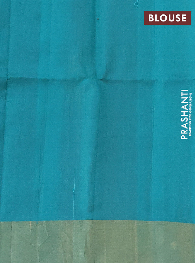 Pure raw silk saree reddish pink and teal blue with silver & gold zari woven buttas and zari woven border