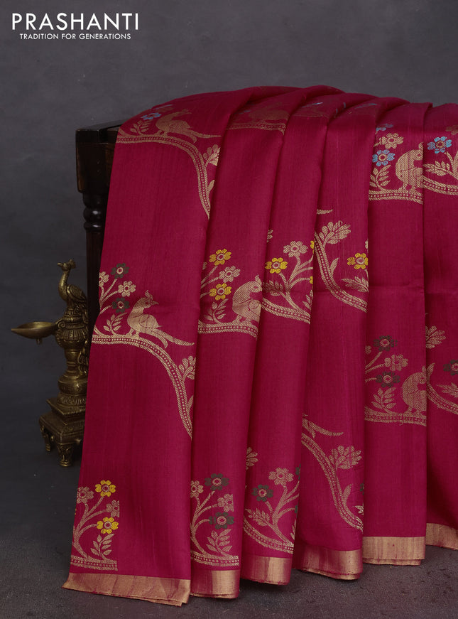 Pure raw silk saree pink and black with allover floral zari weaves and zari woven border
