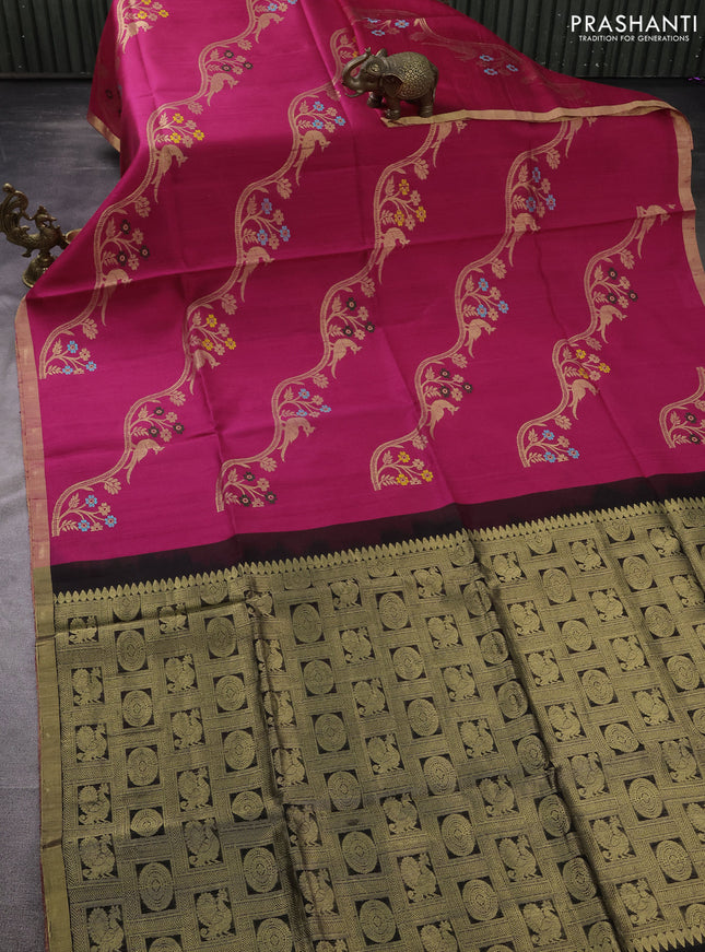Pure raw silk saree pink and black with allover floral zari weaves and zari woven border