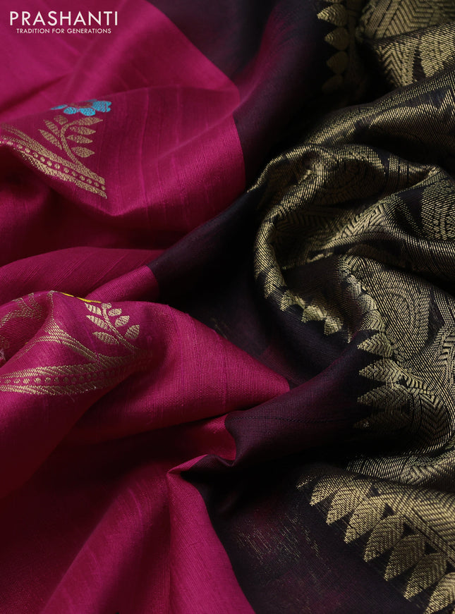 Pure raw silk saree pink and black with allover floral zari weaves and zari woven border
