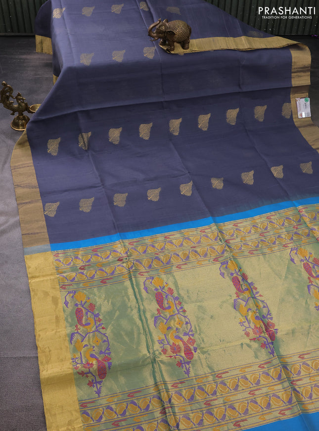 Pure raw silk saree dark grey and cs blue with zari woven buttas and zari woven paithani deisgn pallu