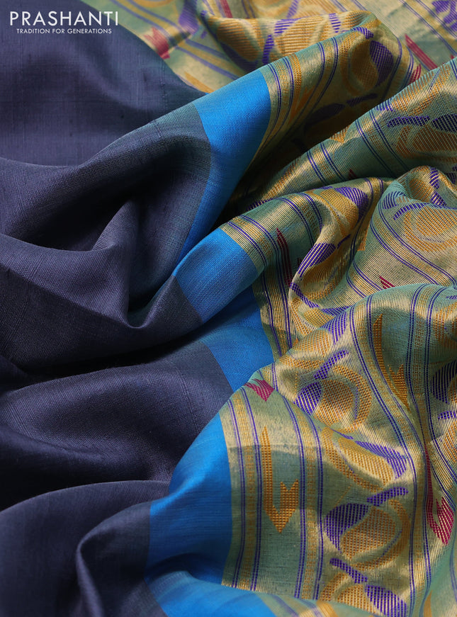Pure raw silk saree dark grey and cs blue with zari woven buttas and zari woven paithani deisgn pallu