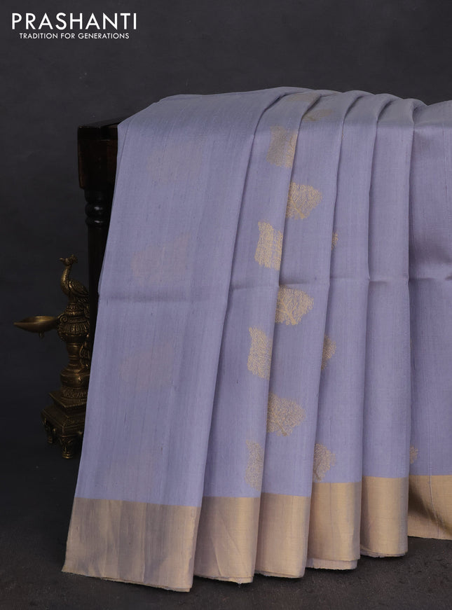 Pure raw silk saree grey and blue with zari woven buttas and zari woven paithani deisgn pallu