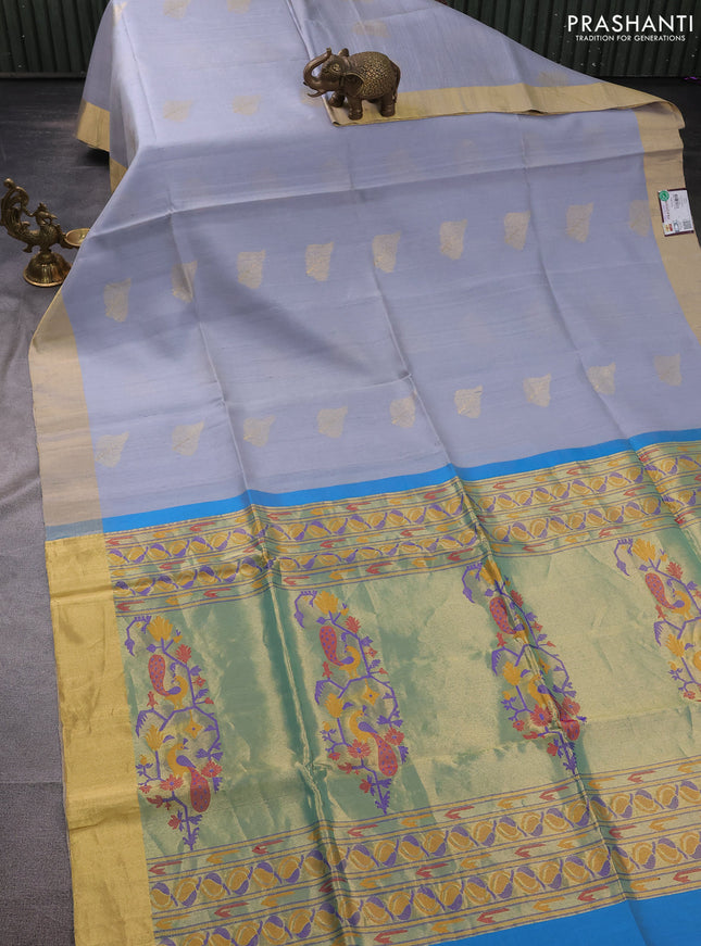 Pure raw silk saree grey and blue with zari woven buttas and zari woven paithani deisgn pallu