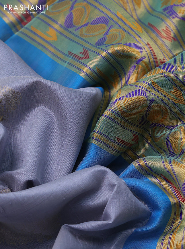 Pure raw silk saree grey and blue with zari woven buttas and zari woven paithani deisgn pallu