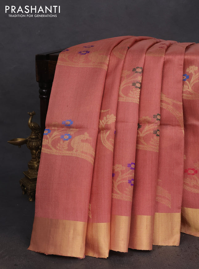 Pure raw silk saree pastel peach and blue with allover floral zari weaves and zari woven border