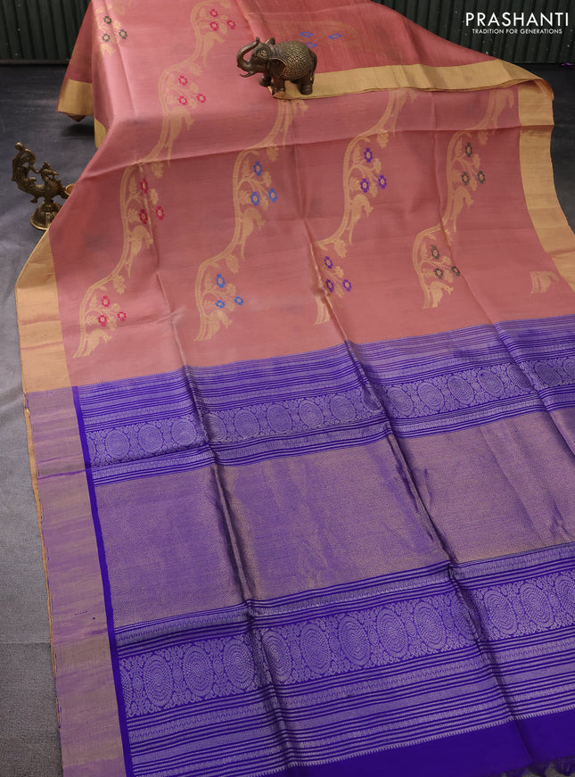 Pure raw silk saree pastel peach and blue with allover floral zari weaves and zari woven border