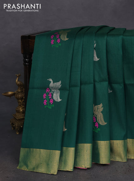 Pure raw silk saree green and pink with silver zari woven buttas and zari woven border