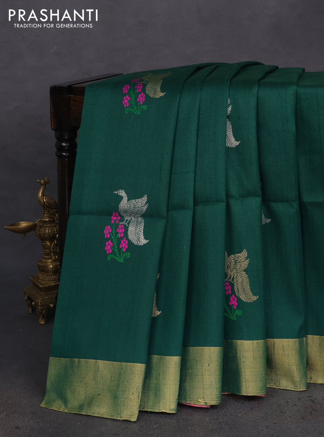 Pure raw silk saree green and pink with silver zari woven buttas and zari woven border