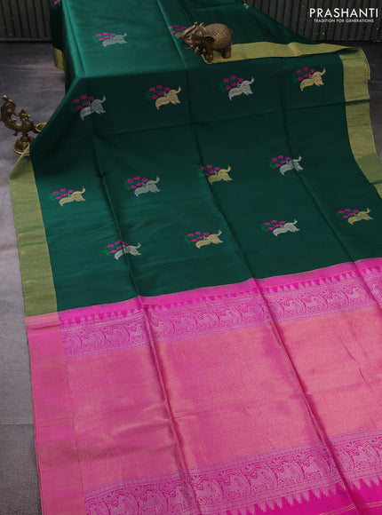 Pure raw silk saree green and pink with silver zari woven buttas and zari woven border