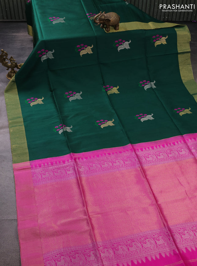 Pure raw silk saree green and pink with silver zari woven buttas and zari woven border
