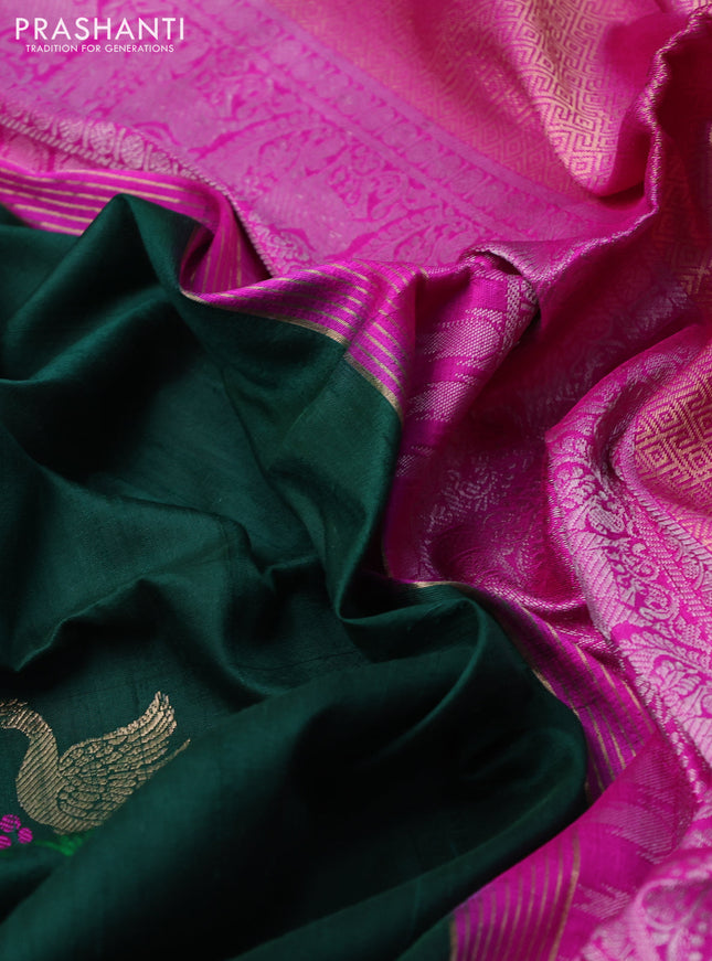 Pure raw silk saree green and pink with silver zari woven buttas and zari woven border